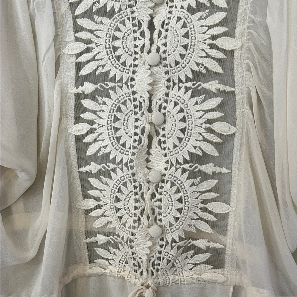 Sheer Embroidered V-Neck Tie-Waist Top - Ivory - Picture 4 of 10